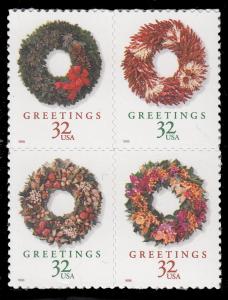 3249-52  32c Christmas Wreaths Block of 4  Mint NH OG VF