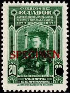 ✔️ ECUADOR 1944 - ARCHBISHOP SUAREZ - SPECIMEN & PUNCH  SC. 431 MNH [6.6]