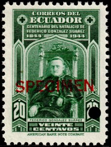 ✔️ ECUADOR 1944 - ARCHBISHOP SUAREZ - SPECIMEN & PUNCH  SC. 431 MNH [6.6]