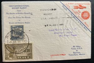 1936 McAllen TX USA First Rocket Flight Airmail cover To Reynosa Mexico