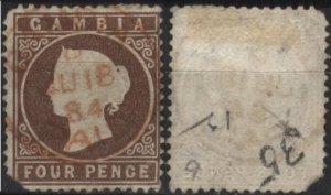 Gambia 9 (used, bad corner, pencil mark) 4p Queen Victoria, brown (1880)