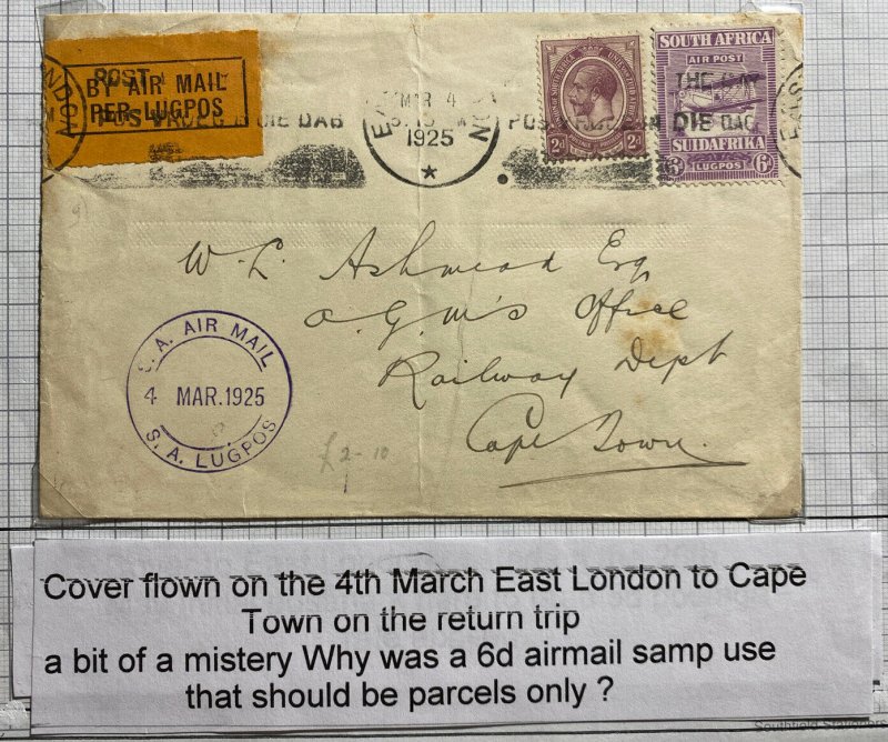 1925 East London South Africa Return Flight Early Airmail cover To Cape Town