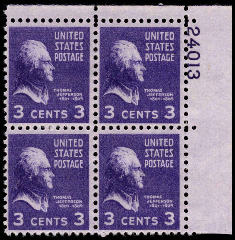 US #807 JEFFERSON MNH UR PLATE BLOCK #24013