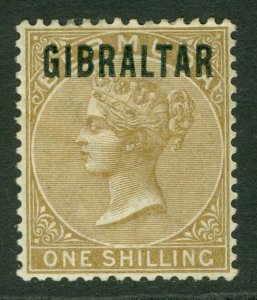 SG 7 Gibraltar 1886. 1/- yellow-brown. A fine fresh mounted mint example CAT£450