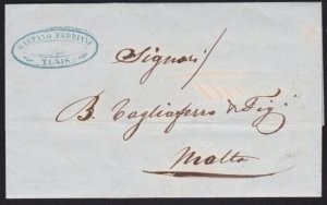 TUNISIA TO MALTA 1855 cover - folded entire letter - with Mss 1 charge?....9568