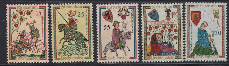 Liechtenstein # 359, 361-362 & 365-366, Minnesingers, NH, 1/3 Cat.