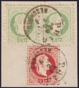 Austria - 1874-76 - Scott #35(pr),36 - used on piece - PRAG RECOMMND pmk Cz Rep