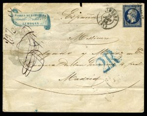 France, 1850-1900 #15, 1856 cover from Limoges to Madrid, franked with 20c, w...