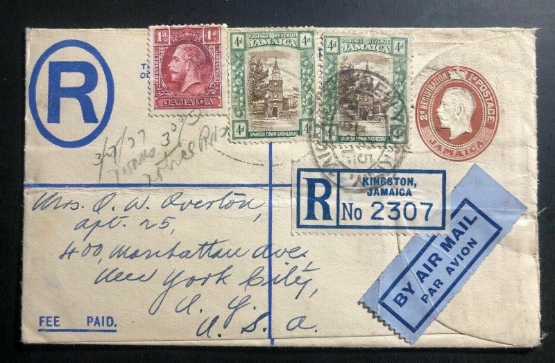 1937 Kingston Jamaica Registered Letter Airmail Cover To New York USA