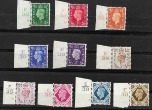 Great Britain # 235//248  George VI - Cylinder Number singles (10)  Unused