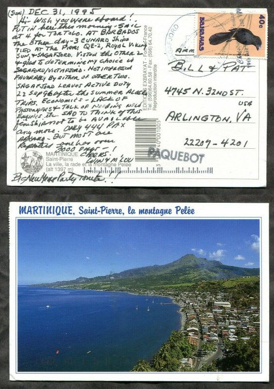 p512 - Bahamas Bird Stamp, Martinique Postcard 1995 PAQUEBOT MS SAGAFJORD to USA