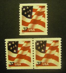 Scott 3631, 37c Waving Flag, Pair & Single, small holes