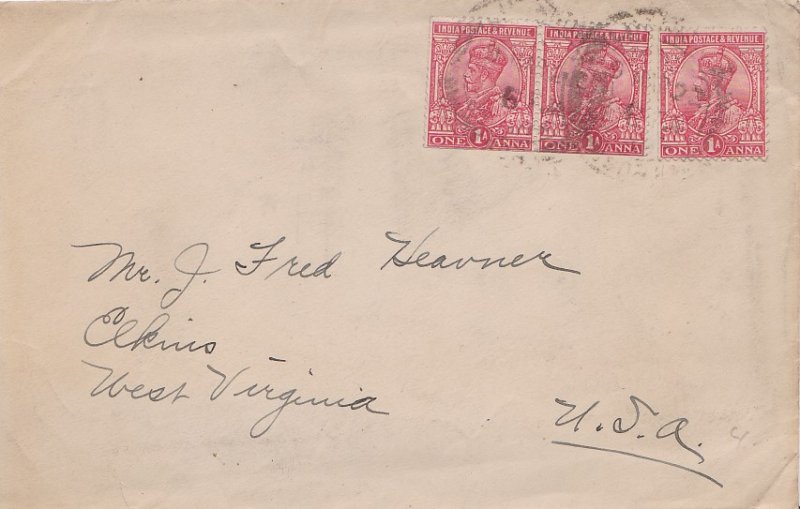 India 1a KGV (3) 1922 Lucknow to Elkins, W. Va. Creases.