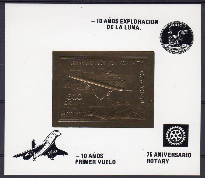 Equatorial Guinea 1980 Concorde Gold SS ovpt.Apollo 11/Rotary/10.Concorde Anniv