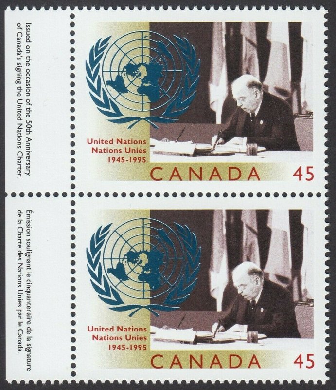 UNITED NATIONS 50th =Litho+ FOIL Stamping =Left Descr Pair Canada 1995 #1584 MNH