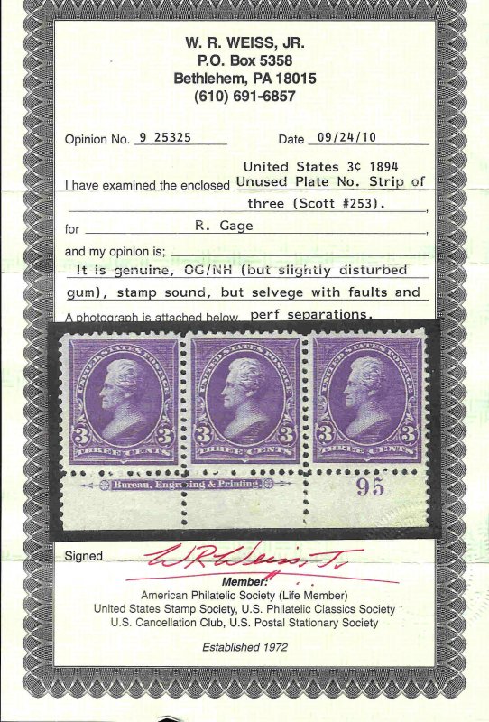 253 Mint,OG,NH... Imprint Strip of 3...William Weiss Certificate...SCV $1,200.00