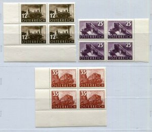 AUSTRIA 1937 100 YEARS OF AUSTRIAN TRAINS SCOTT 385-387 PERFECT MNH BLOCKS OF 4