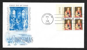 UNITED STATES FDC 5¢ Christmas PLATE BLOCK 1966 ArtCraft