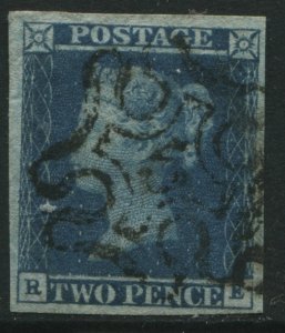 1841 2d RE Plate 3 with a very scarce London numeral 5  in MX, 4 margins (40)