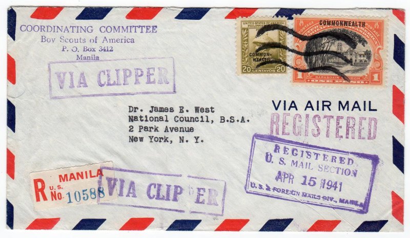 Philippine Island 20c, 1p reg. clipper airmail Boy Scouts of America, 1941