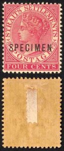 Straits Settlements SG98s 4c Deep Carmine Opt Specimen M/M (hinge remainder)