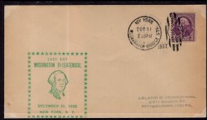 US Last Day George Washington Bicentennial New York,NY 1932 Cover