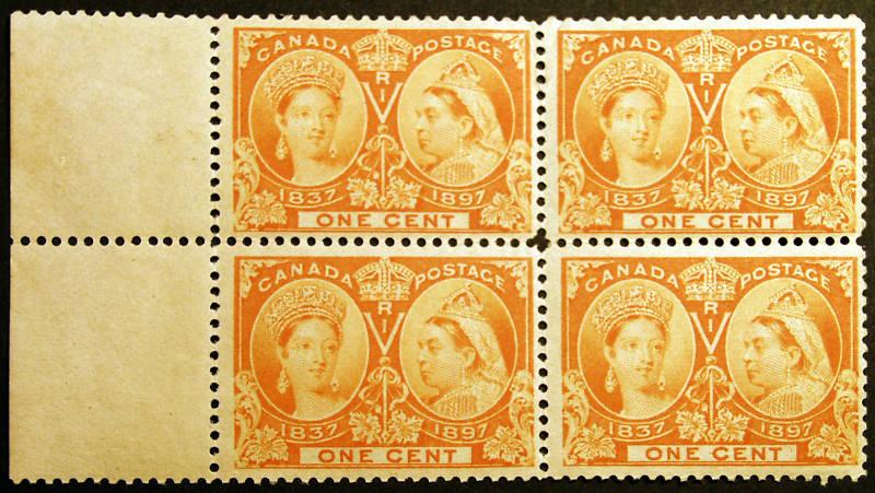Canada #51 1c Orange 1897 VF-XF *MNH* Margin Block of 4 CV $420