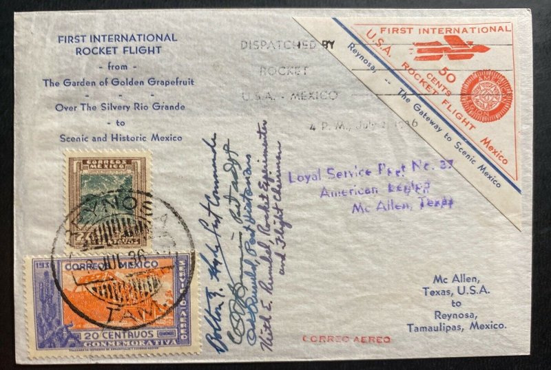 1936 McAllen TX USA First Rocket Flight Mail Airmail cover To Reynosa Mexico