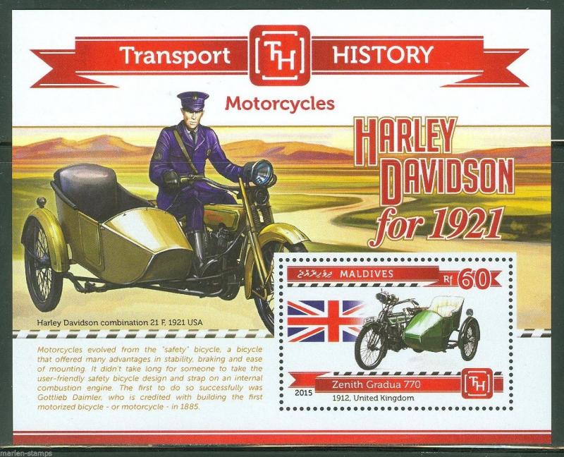 MALDIVES 2015 HISTORY OF TRANSPORT MOTORCYCLES HARLEY DAVIDSON  S/S   MINT NH