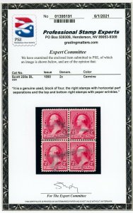 US Stamp #220a BL - Washington 2c - PSE Cert - USED - Block of 4 - CV $150.00 