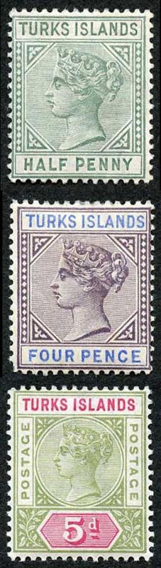 TURKS ISLANDS SG70/72 1894 Wmk Crown CA Set of Three