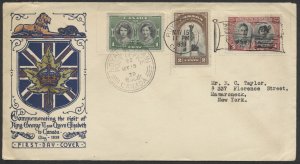 1939 #246-248 Royal Visit FDC Hand Coloured HRW Cachet Royal Train Flag and Orb