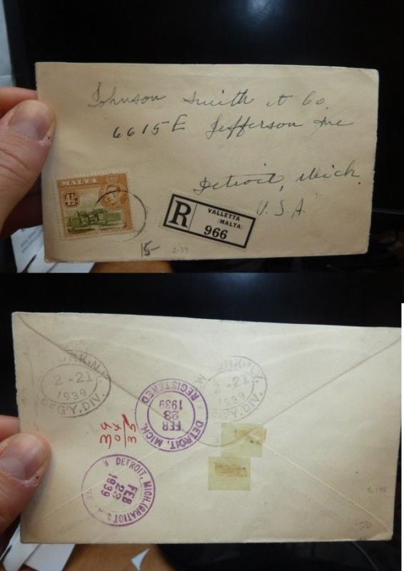 Malta KGVI 4 1/2d Reg cover 1939 to USA, B/S (13bet)