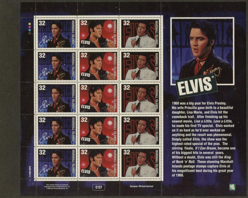 MARSHALL IS. Sc#652 1998 Elvis Presley Mini-Sheet of 5 Cpl Sets of 3 OG Mint NH