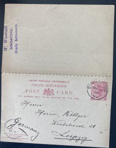 1895 Singapore Straits Settlements Stationery Reply Postcard Cover To Germany