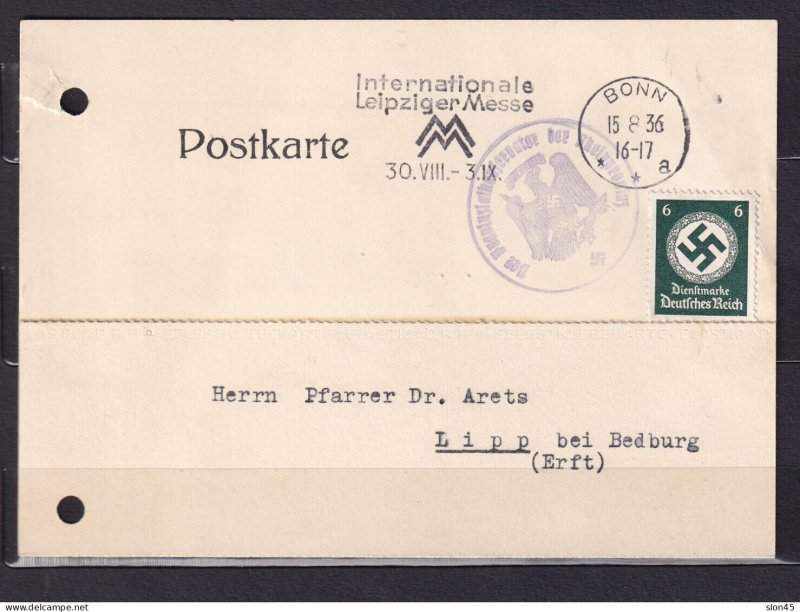Germany 1936 Postcard Leipzig Fair Bonn Single Usage 15465