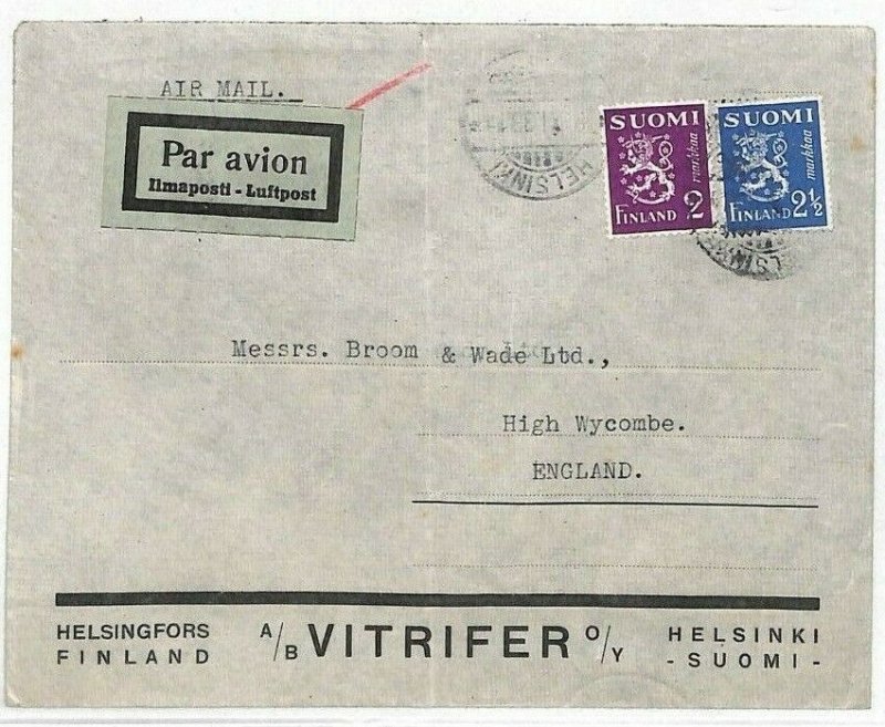 FINLAND Helsinki Airmail VITRIFER Advert 1933 Cover High Wycombe {samwells}GK193