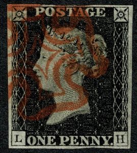 GB 1d Black. Plate 1b LH. Four margins cancelled by red Maltese Cross