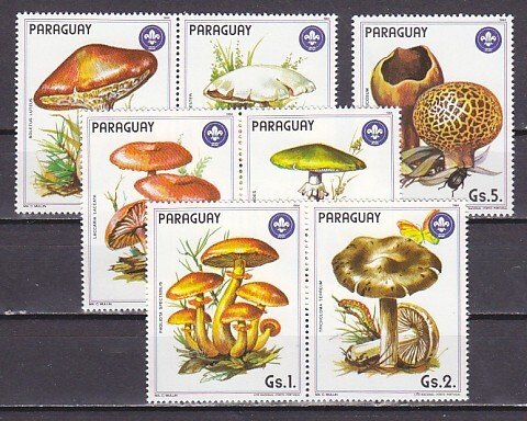 Paraguay, Scott cat. 2137 a-f, 2138. Mushrooms with Scout Logo issue. ^