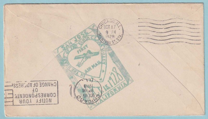 UNITED STATES FIRST FLIGHT COVER - 1928 SAN JOSE CALF TO CHICAGO IL - CV317