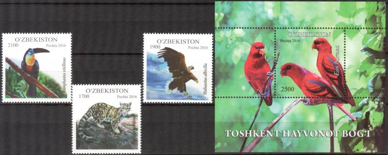 Uzbekistan 2016 Tashkent Zoo Birds Wild Cats set of 3 +S/S MNH