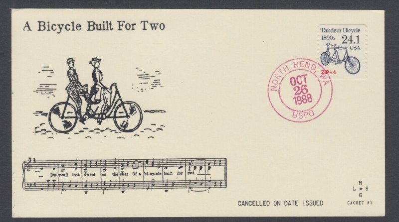 US Sc 2266 FDC. 1988 24.1c Tandem Bicycle coil, LMSG First Cachet, unlisted