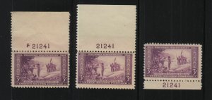 1934 Wisconsin Tercentenary 3c purple Sc 739 MNH matched plate number 21241 (J