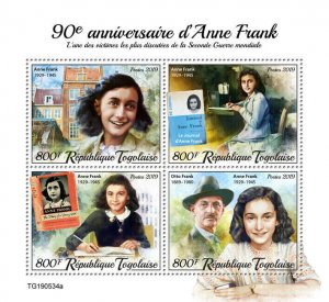 Anne Frank WWII WW2 Stamps Togo 2019 MNH Journal World War II Military 4v M/S