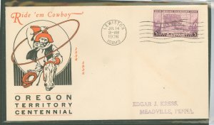 US 783 1936 3c Oregon Territory Centennial on an addressed first day cover with a Linprint Cowboy cachet and a Lewiston, ID canc