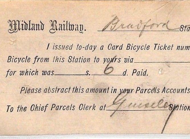 GB PARCELS Bradford Railway Station *BICYCLE TICKET* Very Scarce Item 1896 CB248