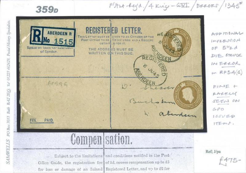 359d 1945 GB POSTAL STATIONERY ERROR Registered RP54 Variety DOUBLE DIE Aberdeen