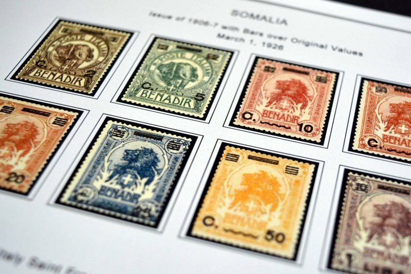 COLOR PRINTED ITALIAN SOMALIA 1903-1960 STAMP ALBUM PAGES (45 illustrated pages)