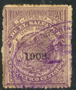 EL SALVADOR 1908 25c ARMS Municipal Revenue Ross M138 VFU