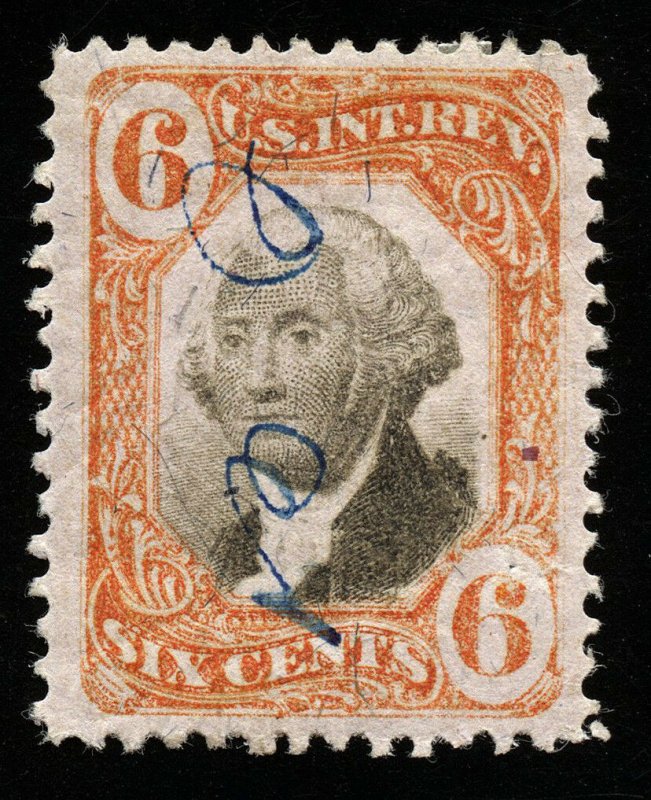 B189 U.S. Revenue Scott R138 3rd issue 6c orange & black, SCV = $125